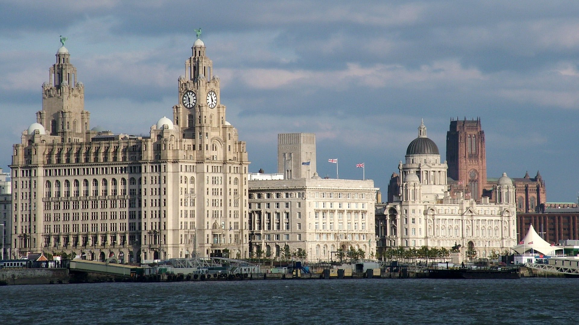 Liverpool waterfront and the Royal Liver Building at the Pier Head at dusk